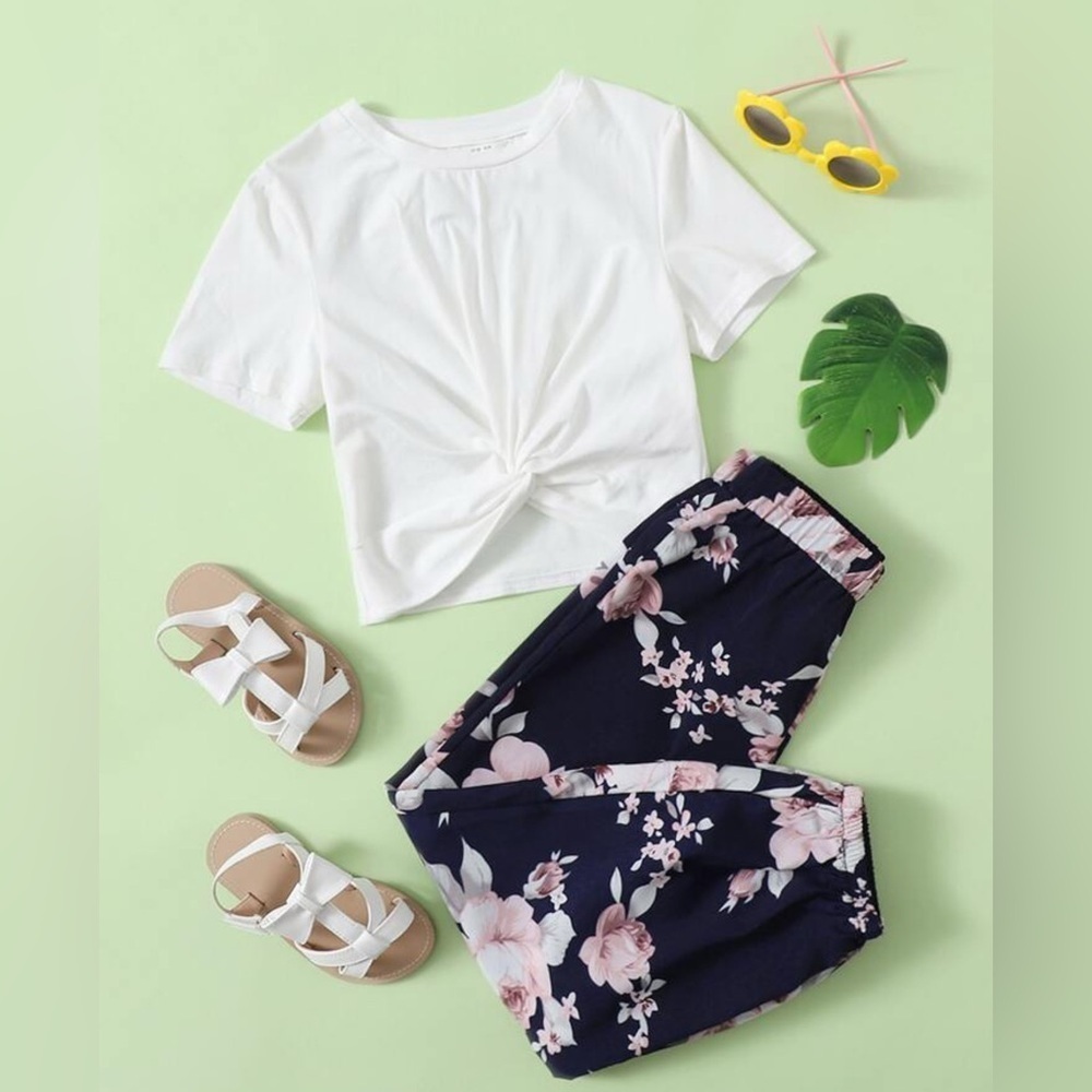 Girls' Twist Hem Top & Floral Pants Set